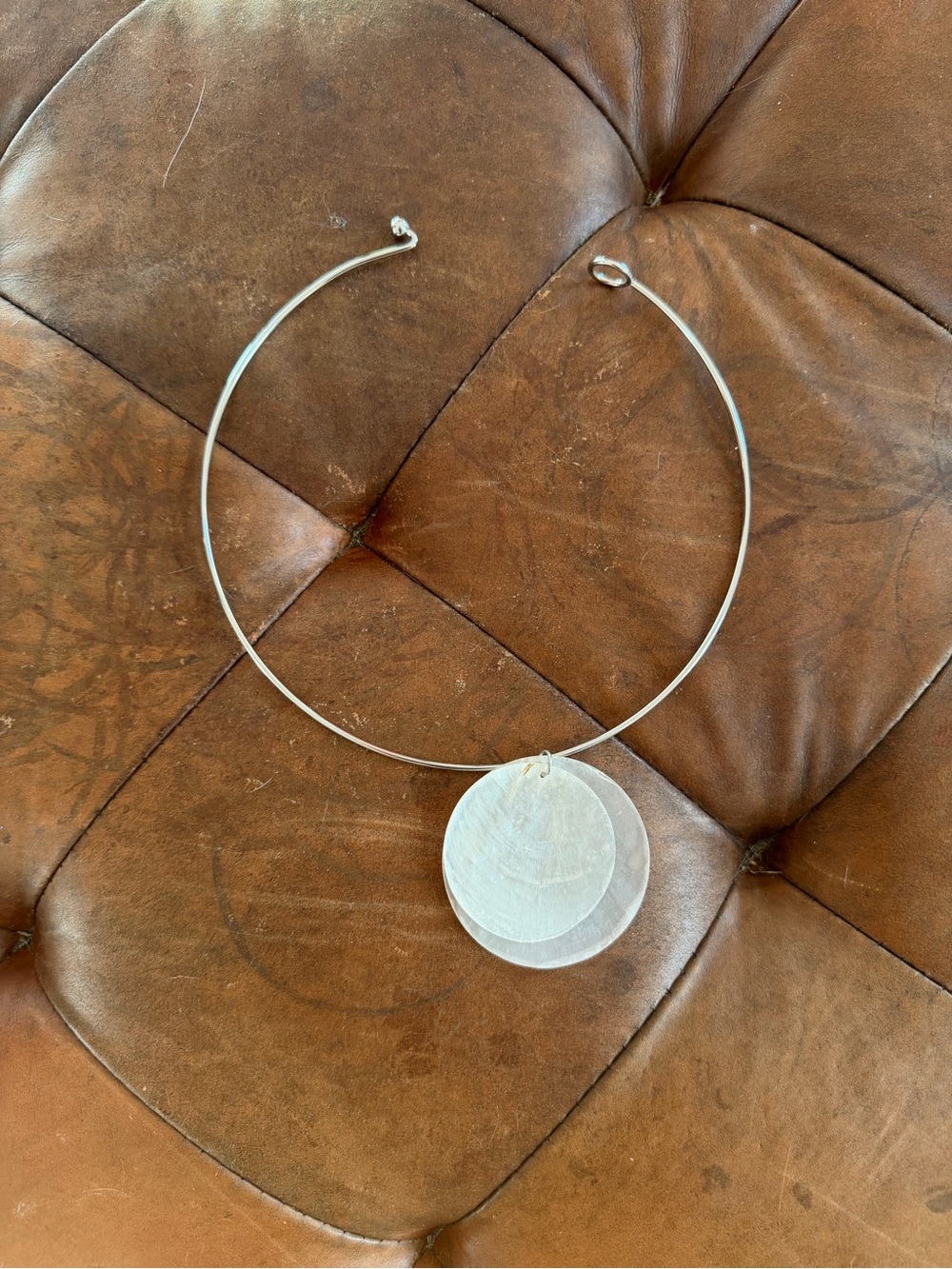Silver Disc Pendant Torque Necklace - Modern Layered Design